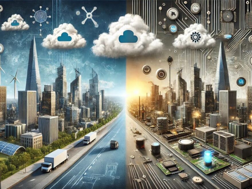 Illustration von Edge Computing vs. Cloud Computing – Skyline mit Cloud und IoT-Geräte