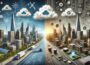 Illustration von Edge Computing vs. Cloud Computing – Skyline mit Cloud und IoT-Geräte