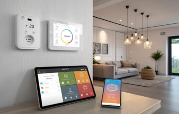 Smart-Home-Setup mit einem offenen Dashboard für Heimautomatisierung, das verschiedene Geräte wie Lampen und Thermostate verbindet.