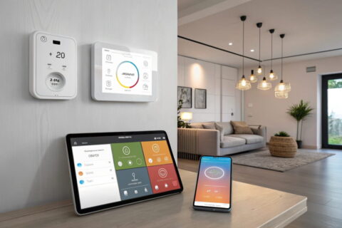 Smart-Home-Setup mit einem offenen Dashboard für Heimautomatisierung, das verschiedene Geräte wie Lampen und Thermostate verbindet.