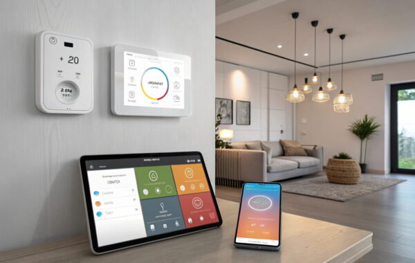 Smart-Home-Setup mit einem offenen Dashboard für Heimautomatisierung, das verschiedene Geräte wie Lampen und Thermostate verbindet.