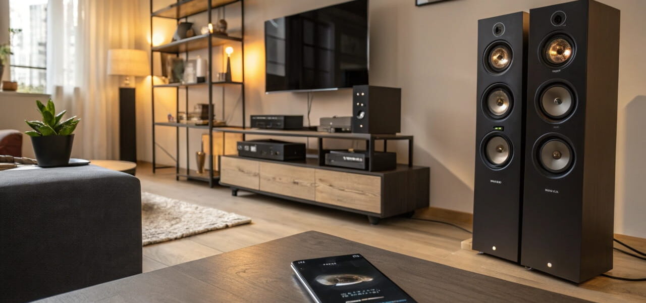 Wireless Multiraum-Audio-Systeme in einem modernen Wohnzimmer, mit Lautsprechern und Smartphone-Steuerung.