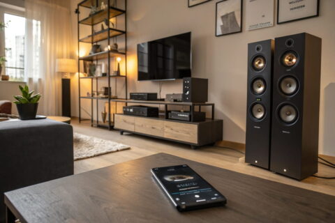 Wireless Multiraum-Audio-Systeme in einem modernen Wohnzimmer, mit Lautsprechern und Smartphone-Steuerung.