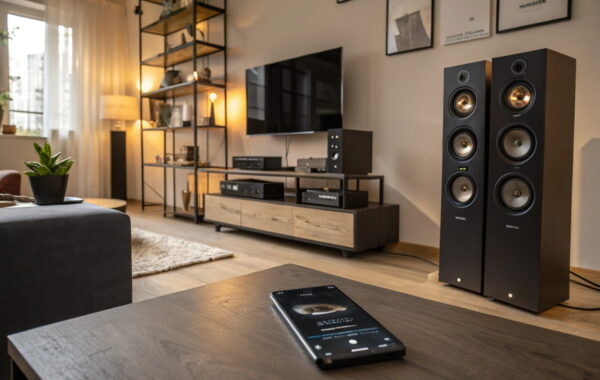 Wireless Multiraum-Audio-Systeme in einem modernen Wohnzimmer, mit Lautsprechern und Smartphone-Steuerung.