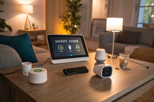 Modernes Smart Home mit zentralem Hub, Smart-Geräten und Sicherheitsanzeige – Fokus auf Smart Home Sicherheit.