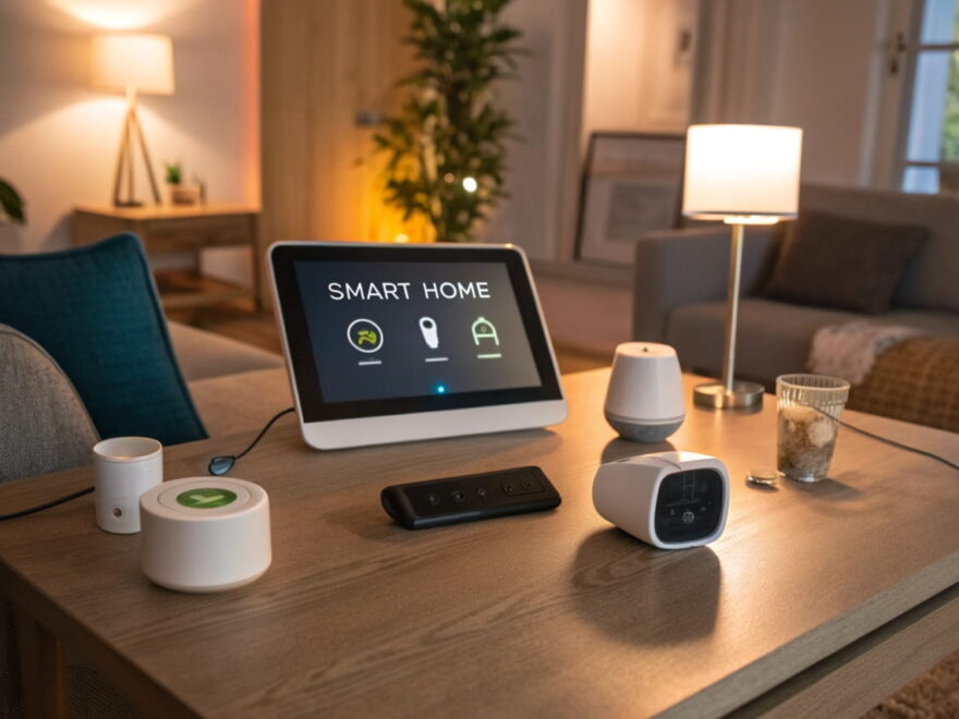 Modernes Smart Home mit zentralem Hub, Smart-Geräten und Sicherheitsanzeige – Fokus auf Smart Home Sicherheit.