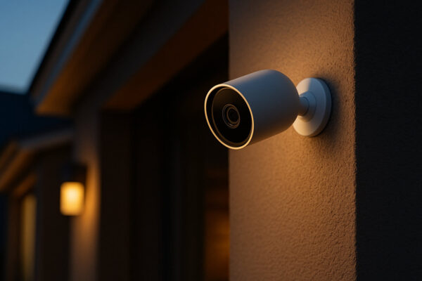 Smart Home Überwachungskamera – moderne Sicherheit für dein Zuhause Moderne Außenüberwachungskamera an Hauswand für Smart Home Sicherheit bei Abendlicht