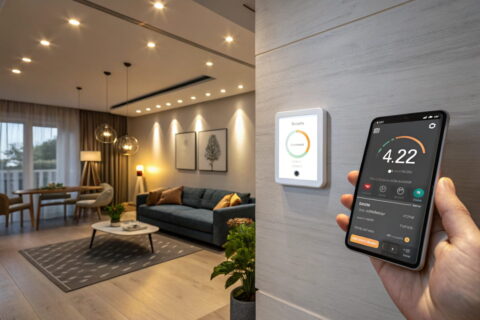 Smart-Home-Technologien zur Energieeinsparung: Smarter Thermostat, LED-Beleuchtung und Smartphone-App zur Überwachung des Energieverbrauchs.