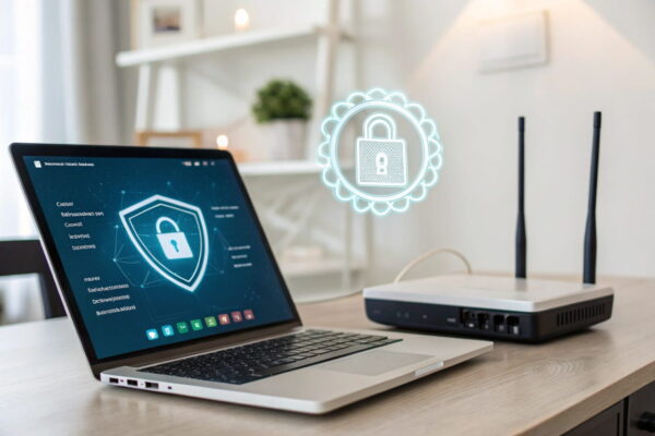 Router mit Firewall-Symbol und aktivem VPN auf einem Laptop in moderner Arbeitsumgebung.