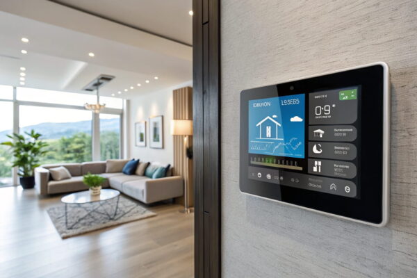 Smart Home Thermostat mit digitalen Anzeigen für Zeitpläne, Temperatur und Energieverbrauch.