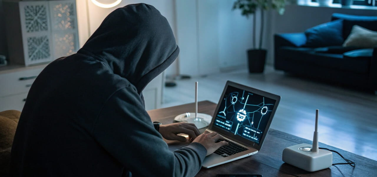 Hacker in dunkler Umgebung greift Heimnetzwerk an, mit vernetzten Smart-Home-Geräten im Hintergrund.
