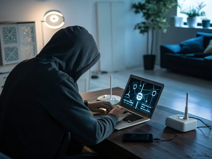 Hacker in dunkler Umgebung greift Heimnetzwerk an, mit vernetzten Smart-Home-Geräten im Hintergrund.