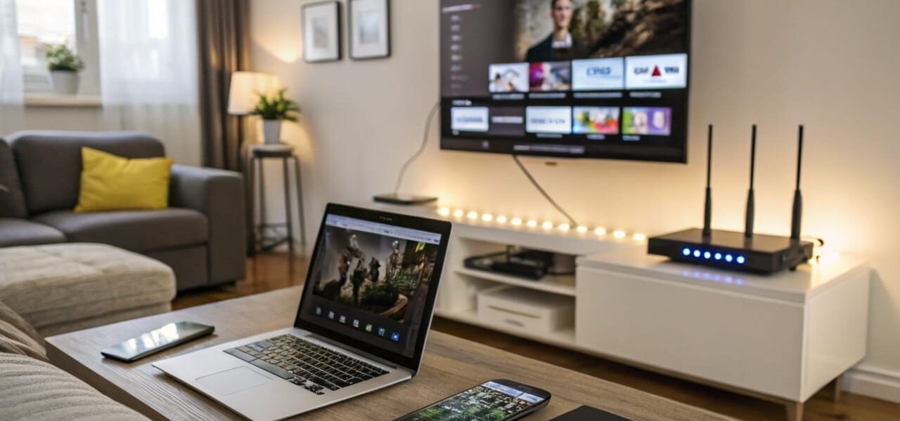 Optimiertes Heimnetzwerk für Streaming mit Router und HD-TV.