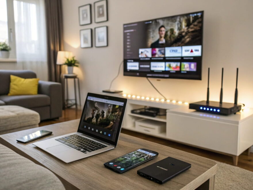 Optimiertes Heimnetzwerk für Streaming mit Router und HD-TV.