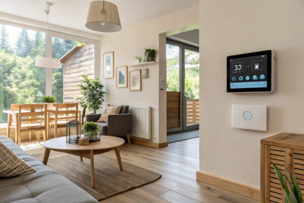 Offline-fähige Heizung und Klimasteuerung mit smartem Thermostat in einem modernen Wohnzimmer.