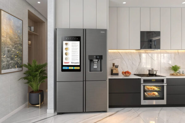 Moderne Küche mit intelligenten Geräten wie einem Kühlschrank mit Touchscreen, einer smarten Kaffeemaschine und einem Ofen mit digitaler Anzeige.