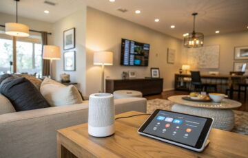 Moderne Wohnzimmer-Szene mit Smart Home Automatisierung, smartem Lautsprecher, Thermostat und Steuerung über Tablet.