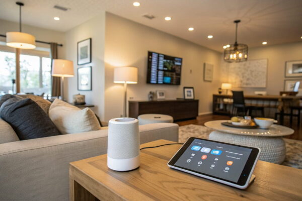 Moderne Wohnzimmer-Szene mit Smart Home Automatisierung, smartem Lautsprecher, Thermostat und Steuerung über Tablet.