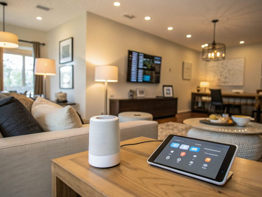 Moderne Wohnzimmer-Szene mit Smart Home Automatisierung, smartem Lautsprecher, Thermostat und Steuerung über Tablet.