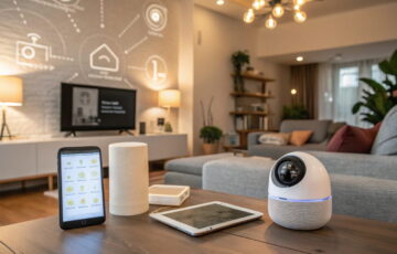 Modernes Wohnzimmer mit Smart-Home-Geräten wie Sprachassistent, Thermostat, smarten Lampen und Sicherheitskamera.