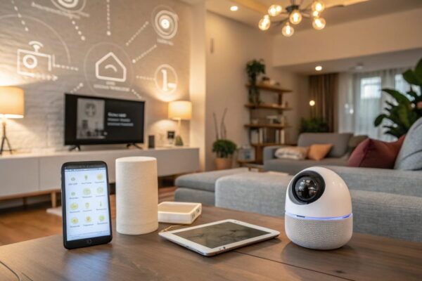 Modernes Wohnzimmer mit Smart-Home-Geräten wie Sprachassistent, Thermostat, smarten Lampen und Sicherheitskamera.