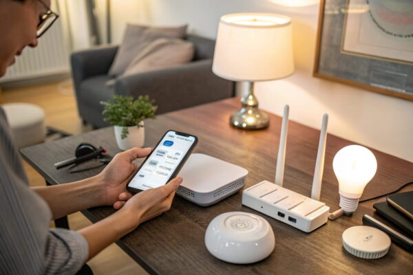 Person richtet Smart-Home-System mit Smartphone-App ein, umgeben von smarten Geräten wie Steckdose, Glühbirne und Router.