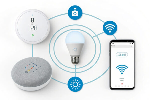 Interaktive Geräte eines Smart Homes, verbunden durch ein zentrales Hub – Kompatibilität und Standards für reibungslose Vernetzung.