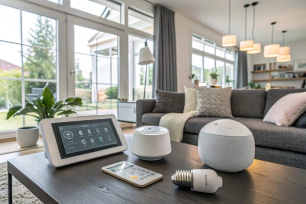 Moderner Wohnraum mit smarten Geräten wie Lichtsteuerung, Thermostat und Sprachassistent – Smart Home nachrüsten leicht gemacht.