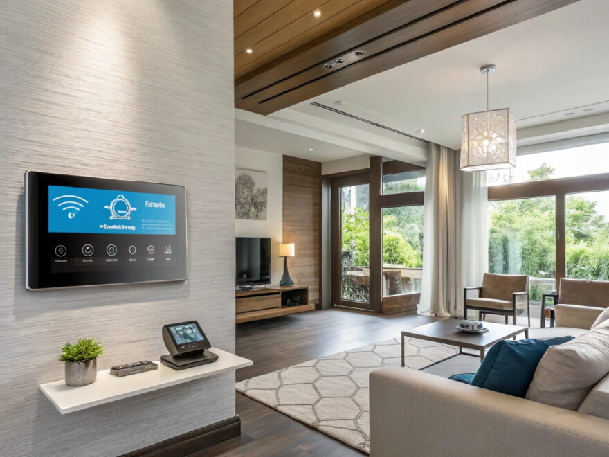Smart Home ohne Internet mit lokalen Geräten wie Thermostat, Beleuchtung und Überwachungskamera in einem modernen Wohnzimmer.