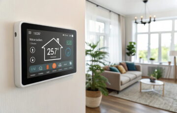 Smart Home Thermostat an der Wand, zeigt Temperatur und WLAN-Symbol.