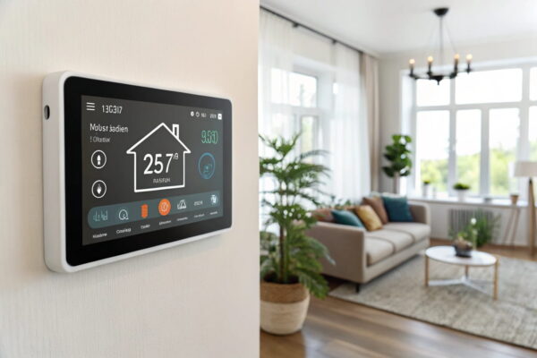 Smart Home Thermostat an der Wand, zeigt Temperatur und WLAN-Symbol.