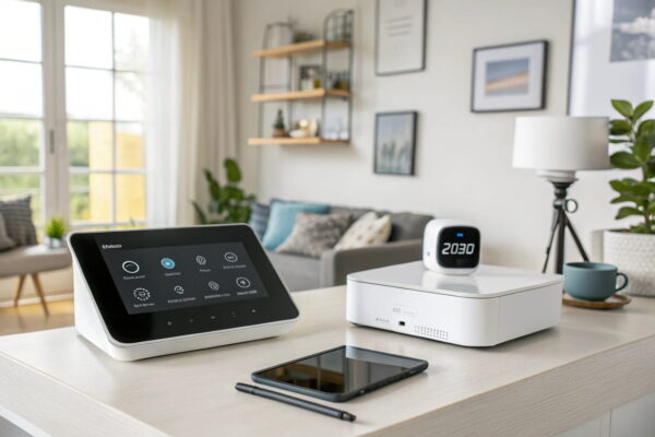 Zentrales Steuerungssystem für Smart Home ohne Cloud-Abhängigkeit in einem modernen Wohnzimmer.