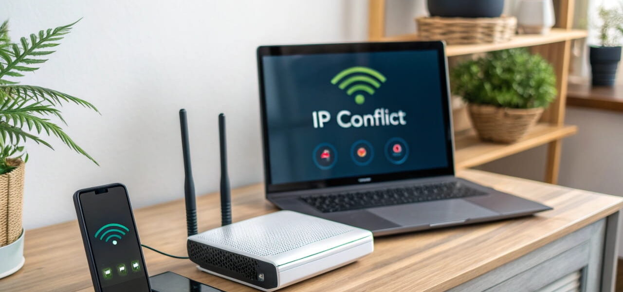 IP-Konflikt im Heimnetzwerk: Zwei Geräte mit derselben IP-Adresse zeigen eine Fehlermeldung.