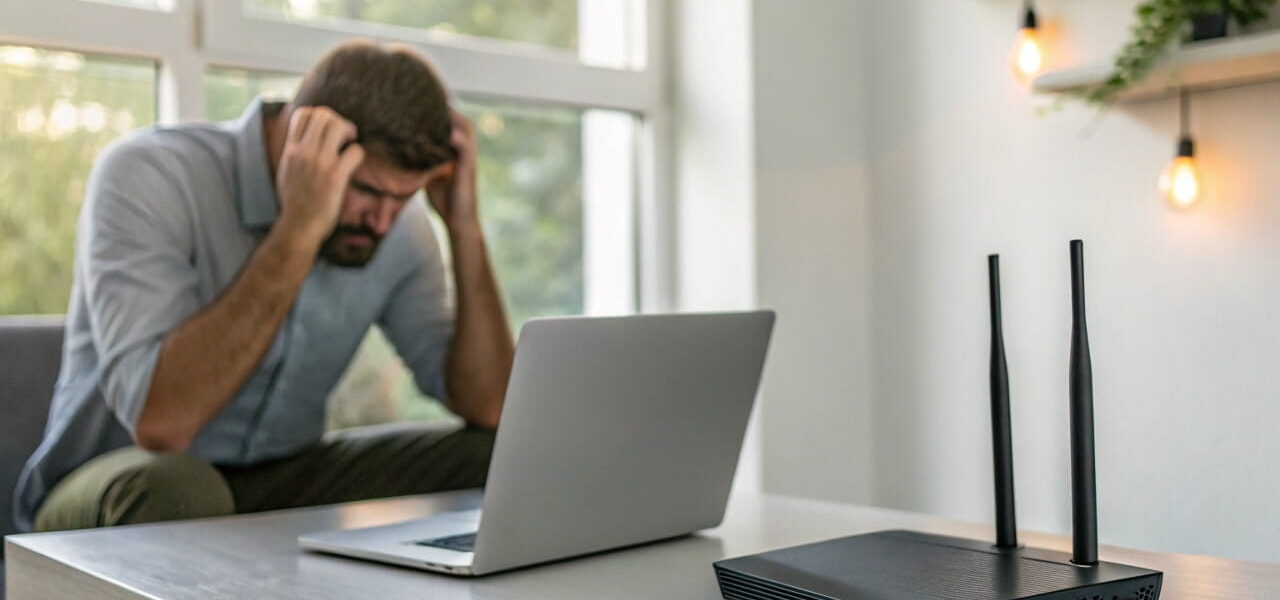Mann vor Laptop mit verzweifeltem Blick, Router im Vordergrund, keine Verbindung mit dem Netzwerk.