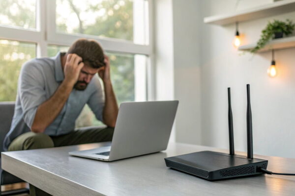 Mann vor Laptop mit verzweifeltem Blick, Router im Vordergrund, keine Verbindung mit dem Netzwerk.