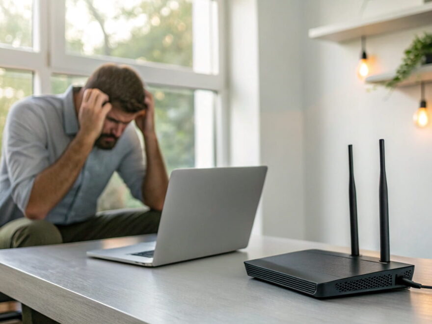 Mann vor Laptop mit verzweifeltem Blick, Router im Vordergrund, keine Verbindung mit dem Netzwerk.