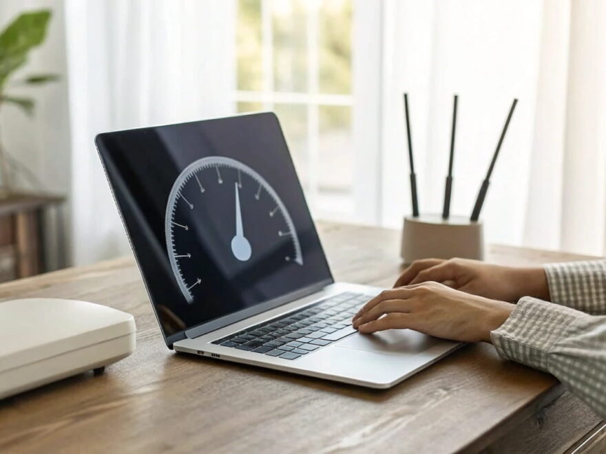 Laptop zeigt Internet-Geschwindigkeitstest an – langsames Internet überprüfen.
