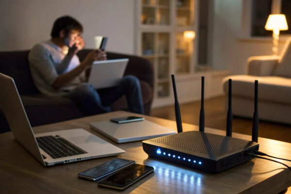 Router mit Netzwerküberlastung – zu viele verbundene Geräte wie Laptops, Smartphones und Smart-TVs, mit Warnmeldung auf einem Laptop-Bildschirm.