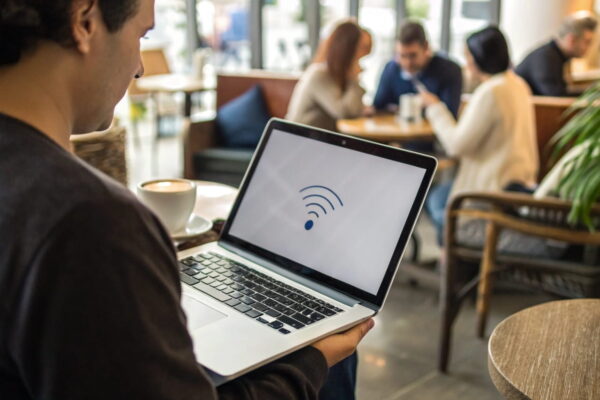 Mann mit Laptop in einem Café, WLAN-Verbindungsproblem auf dem Bildschirm.