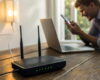Router startet ständig neu – mögliche Ursachen wie Stromprobleme, Überhitzung und lockere Kabel sichtbar, mit troubleshooting Laptop im Hintergrund.