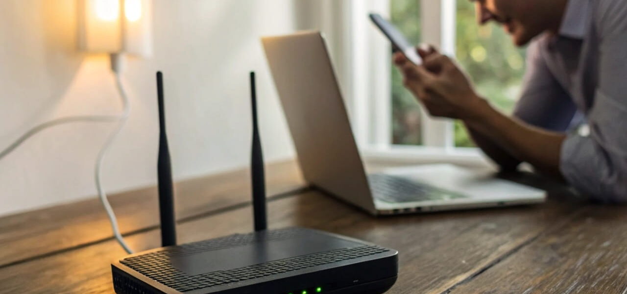 Router startet ständig neu – mögliche Ursachen wie Stromprobleme, Überhitzung und lockere Kabel sichtbar, mit troubleshooting Laptop im Hintergrund.