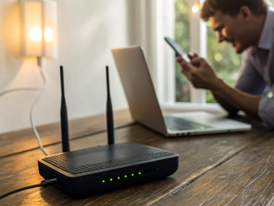 Router startet ständig neu – mögliche Ursachen wie Stromprobleme, Überhitzung und lockere Kabel sichtbar, mit troubleshooting Laptop im Hintergrund.