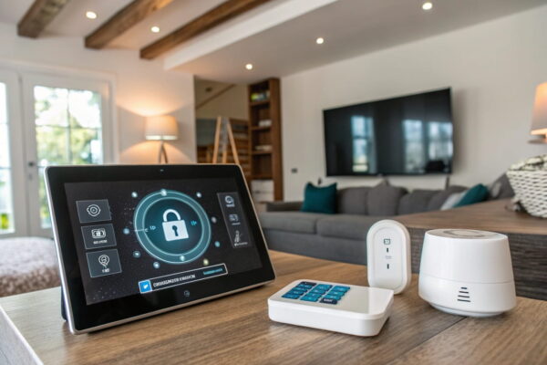 Smart Home mit sicherem Steuerungssystem, Datenschutzsymbol und langlebigen energieeffizienten Geräten für mehr Nachhaltigkeit und Sicherheit.