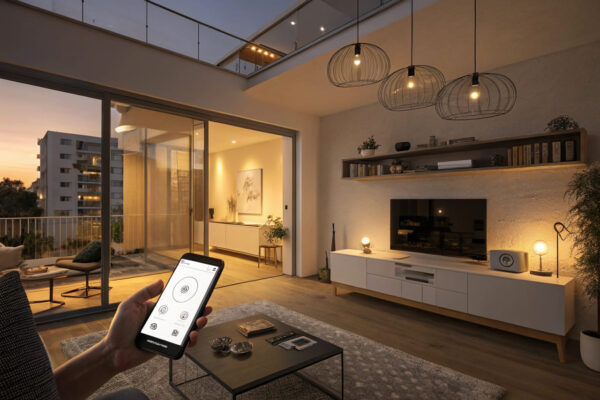 Smart Home für Mieter: Kabellose smarte Beleuchtung, Thermostat und Sprachsteuerung in einer modernen Mietwohnung ohne bauliche Veränderungen.