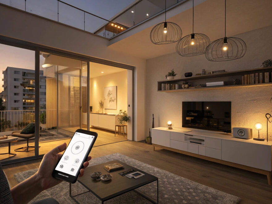 Smart Home für Mieter: Kabellose smarte Beleuchtung, Thermostat und Sprachsteuerung in einer modernen Mietwohnung ohne bauliche Veränderungen.