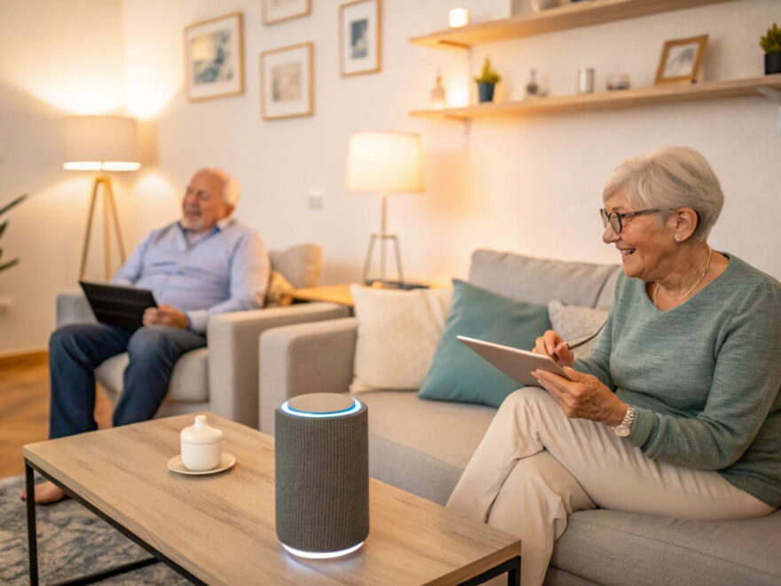 Älteres Ehepaar nutzt Smart-Home-Technologie für mehr Komfort und Sicherheit im Alltag.