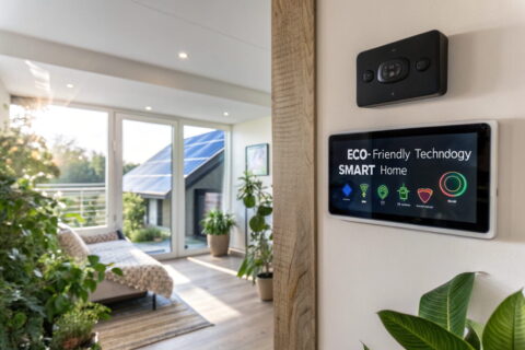 Smart Home mit nachhaltiger Technologie wie Smart-Thermostat, LED-Beleuchtung und Solarenergie zur Förderung der Nachhaltigkeit.