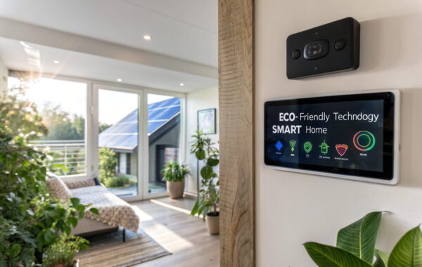 Smart Home mit nachhaltiger Technologie wie Smart-Thermostat, LED-Beleuchtung und Solarenergie zur Förderung der Nachhaltigkeit.