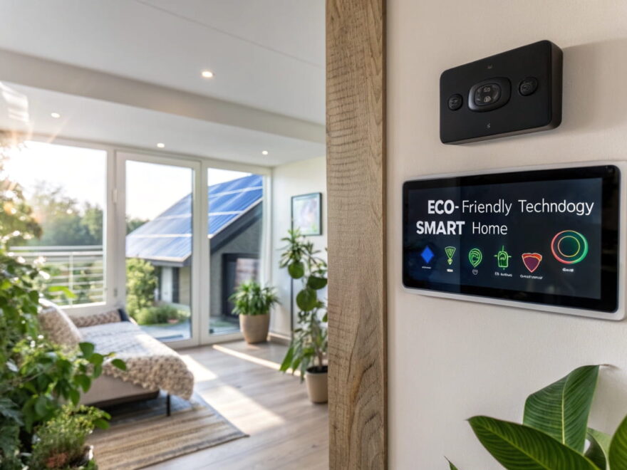 Smart Home mit nachhaltiger Technologie wie Smart-Thermostat, LED-Beleuchtung und Solarenergie zur Förderung der Nachhaltigkeit.
