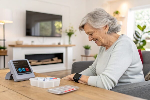 Ältere Frau nutzt Smart-Home-Technologie zur Gesundheitsüberwachung mit Smartwatch und digitalem Medikamenten-Erinnerungssystem.